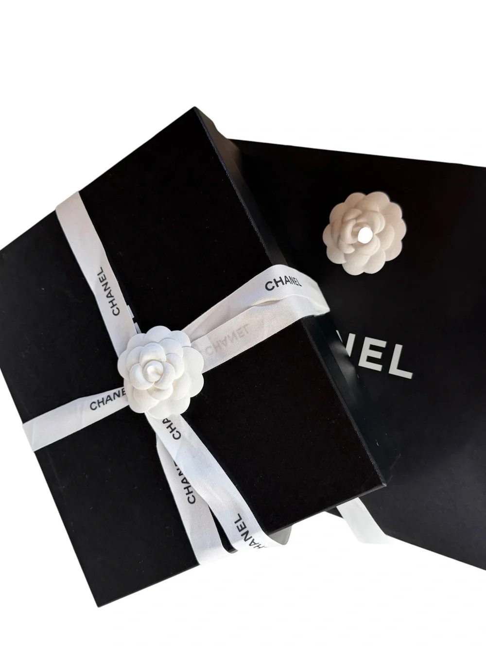 CHANEL Black and White Branded Box with Camellia Detail